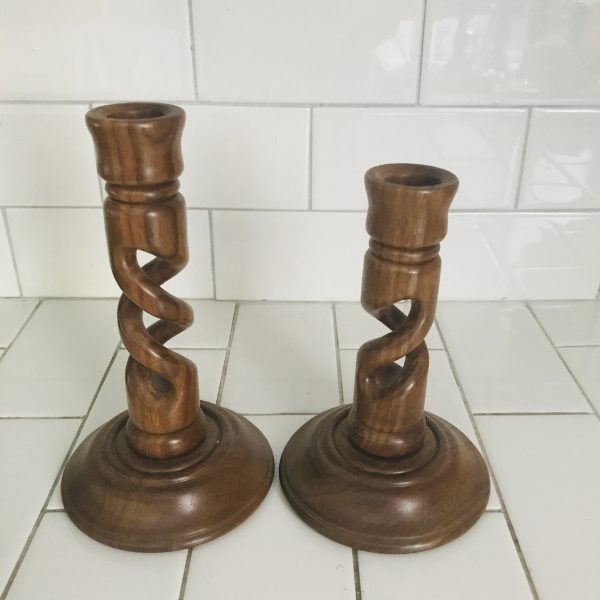 Vintage Pair of wooden hand made Candlestick holders antique style adjustable height collectible display farmhouse