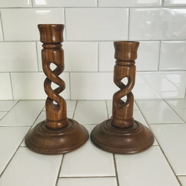 Vintage Pair of wooden hand made Candlestick holders antique style adjustable height collectible display farmhouse