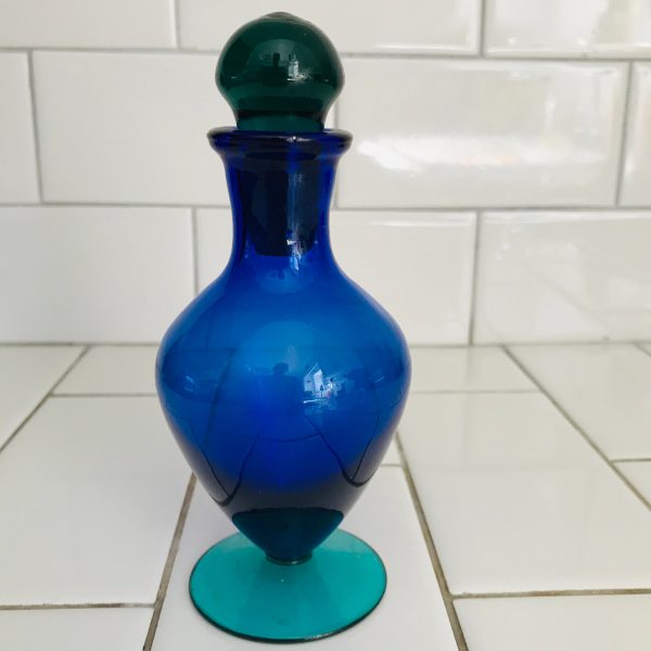 Vintage perfume bottle with ground glass stopper blue and green glass collectible farmhouse display bedroom bathroom figurine
