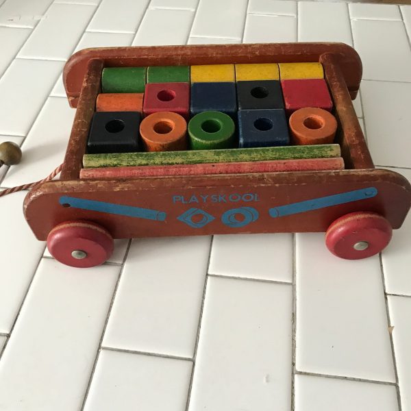 Vintage Play Skool blocks in Wagon with original pull string and ball  farmhouse display collectible toys wooden wagon wheels