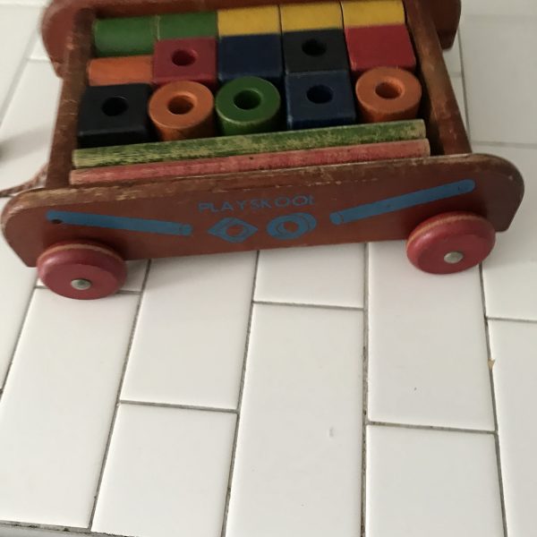 Vintage Play Skool blocks in Wagon with original pull string and ball  farmhouse display collectible toys wooden wagon wheels