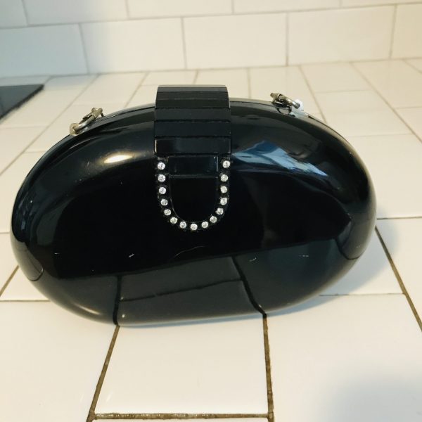 Vintage purse hard side USA black with rhinestone closure shoulder bag clutch silver chain strap collectible lined La Regale Lucite