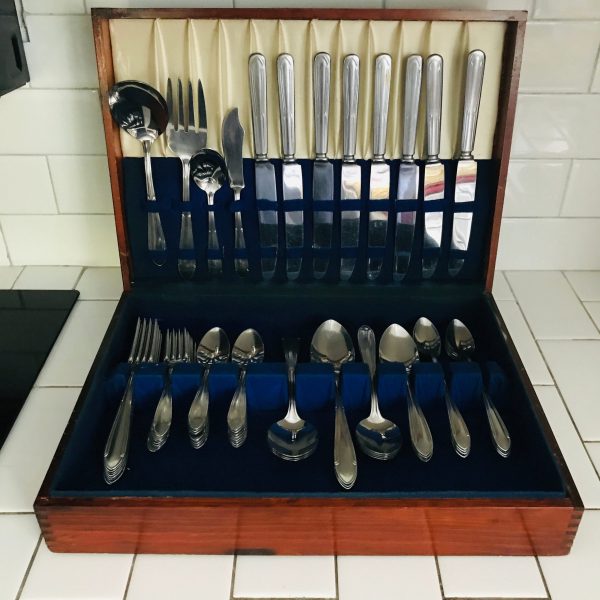 Vintage Royal Stainless Allgehemy Metal Service for 8 with serving pieces 66 total in Beautiful wooden case with drawer