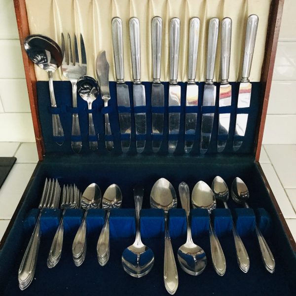 Vintage Royal Stainless Allgehemy Metal Service for 8 with serving pieces 66 total in Beautiful wooden case with drawer