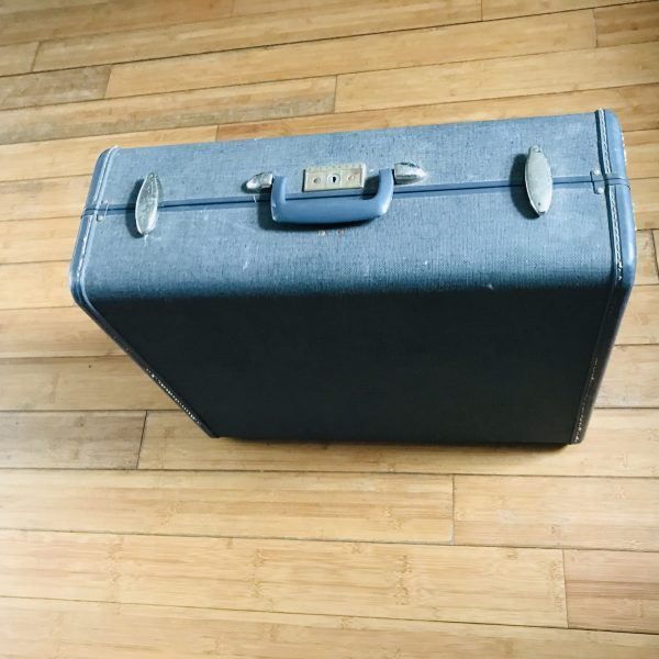 Vintage Samsonite Blue lined  large Suitcase chrome clasps Luggage Storage Travel hard side luggage farmhouse cottage
