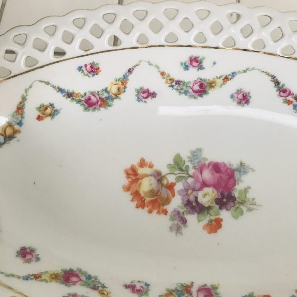 Vintage Schumann Oval dish reticulated rim Arzberg Germany  Dresden Flower Pattern collectible display farmhouse cottage relish dish