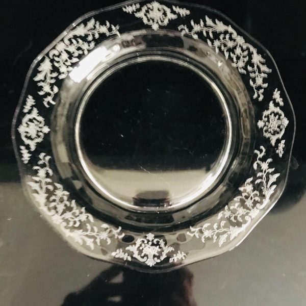 Vintage Set of 8 Fostoria Crystal etched Navarre pattern ornate detail luncheon or snack plates 7 1/2" across
