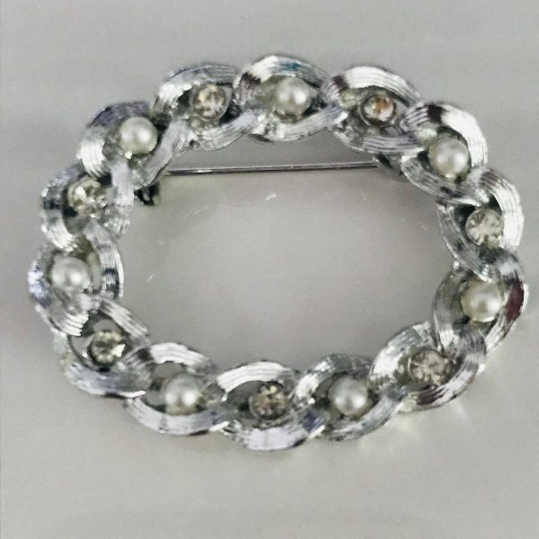 Vintage Silver tone rhinestones and pearls Gerry's oval wreath style pin twisted strands vintage sweater pin