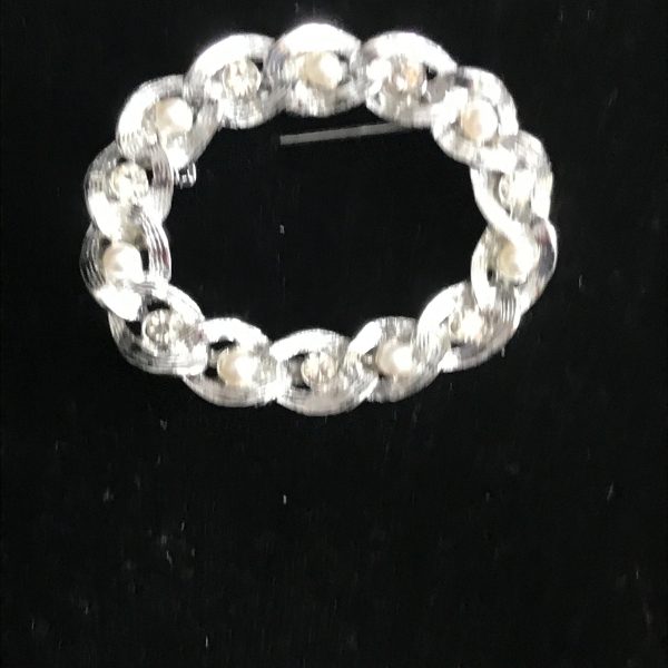 Vintage Silver tone rhinestones and pearls Gerry's oval wreath style pin twisted strands vintage sweater pin