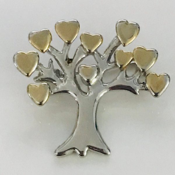 Vintage Silver tone tree brooch with gold hearts sweater pin tree of life