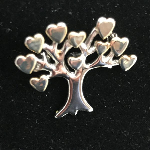 Vintage Silver tone tree brooch with gold hearts sweater pin tree of life