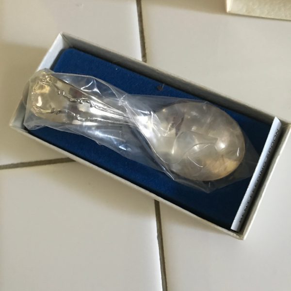 Vintage silverplate bent handle baby spoon new in box 1960's sealed in original bag baby shower collectible display International silver
