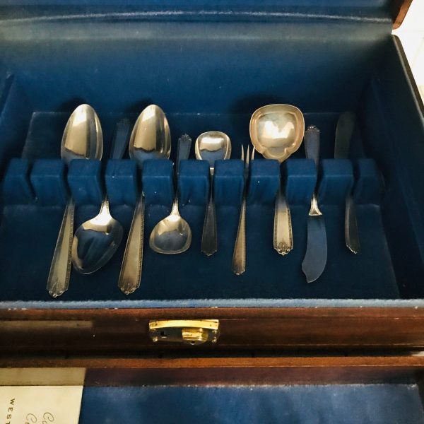 Vintage Sterling Silver Flatware 1940 Lady Hilton Pattern Westmoreland Silver in wooden lined case service for 12 Total pieces 2170 grams
