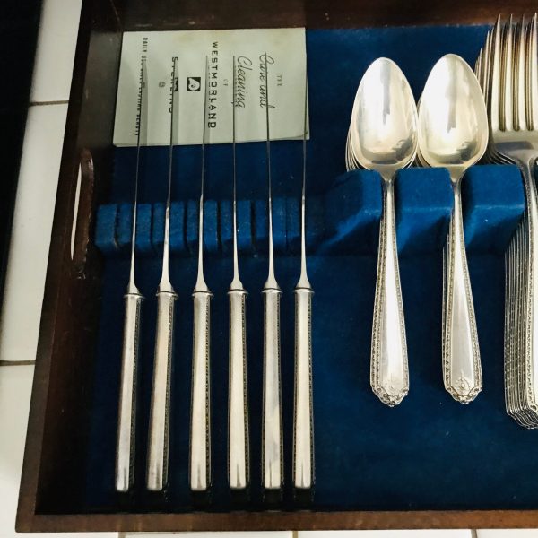 Vintage Sterling Silver Flatware 1940 Lady Hilton Pattern Westmoreland Silver in wooden lined case service for 12 Total pieces 2170 grams