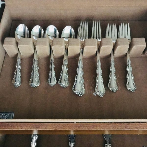 Vintage Sterling Silver Flatware 1959 Angelique Pattern International Silver in wooden lined case 44 Total pieces 1389 grams