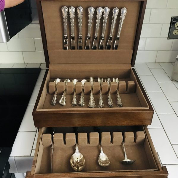 Vintage Sterling Silver Flatware 1959 Angelique Pattern International Silver in wooden lined case 44 Total pieces 1389 grams