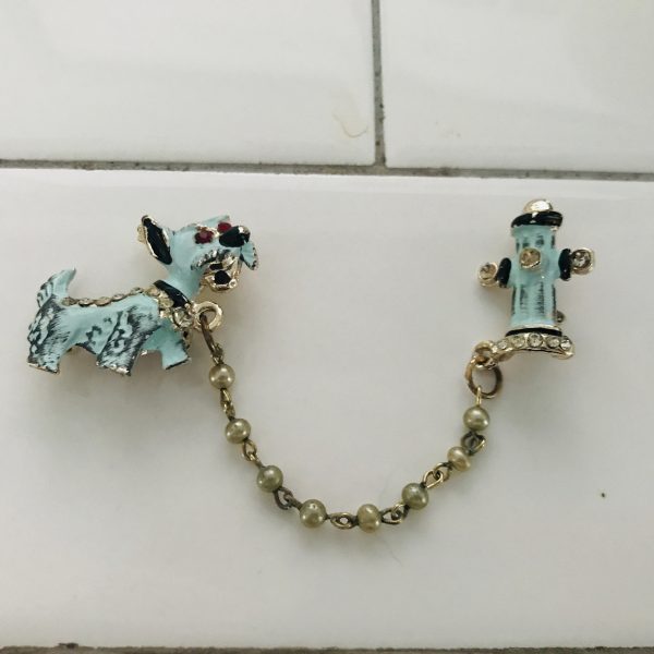 Vintage Sweater Pin 1950's Silver tone Scottie dog and fire hydrant blue enamel with rhinestones pearls on chain