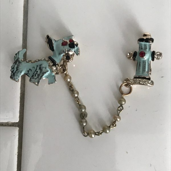 Vintage Sweater Pin 1950's Silver tone Scottie dog and fire hydrant blue enamel with rhinestones pearls on chain