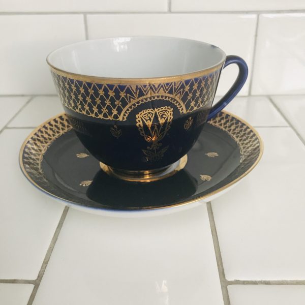 Vintage Tea cup and saucer Lomonosov Imperial Porcelain Cobalt flow blue with heavy gold trim USSR Farmhouse Collectible display