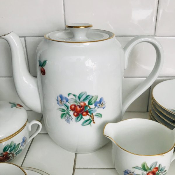 Vintage Tea Set Service for 12 Teapot Cream Sugar Snack Plate Tea cup Saucer Complete Bing & Grondahl Cherry Denmark Kjobenhavn 1950's