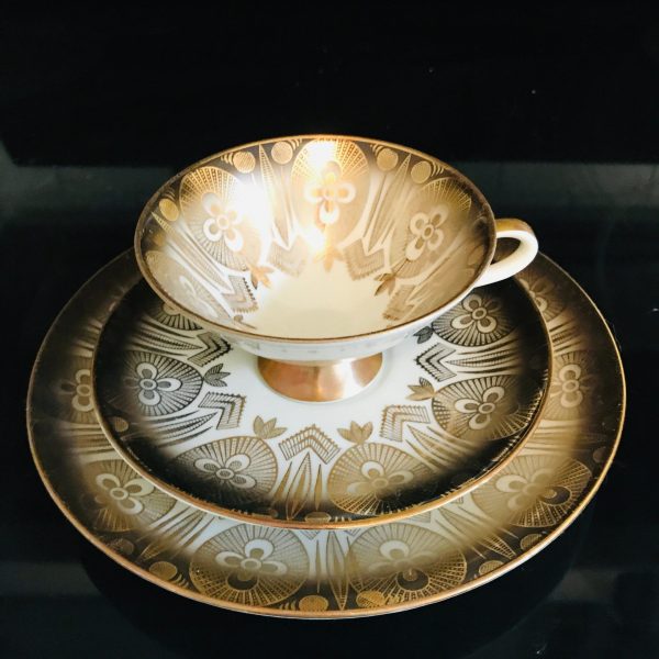 Vintage Trio Cup saucer and luncheon/snack plate gold art deco collectible display Schrinding Bavaria Germany