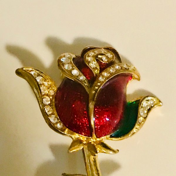 Beautiful Brooch Pin Vintage Enameled red rose with crystals green enameled leaves great detail