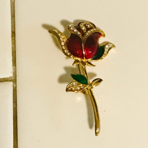 Beautiful Brooch Pin Vintage Enameled red rose with crystals green enameled leaves great detail