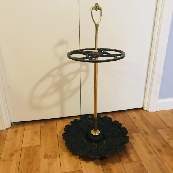 Cast Iron and Brass umbrella stand Inn restaurant bar cigar bar entryway office home decor display collectible cane collection Ornate top