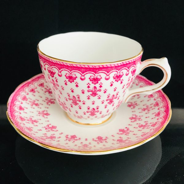 Crescent tea cup and saucer England Fine bone china Pink Fluer De Lis Chintz pattern farmhouse collectible display coffee serving RARE