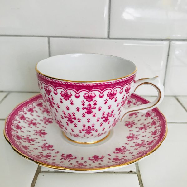 Crescent tea cup and saucer England Fine bone china Pink Fluer De Lis Chintz pattern farmhouse collectible display coffee serving RARE