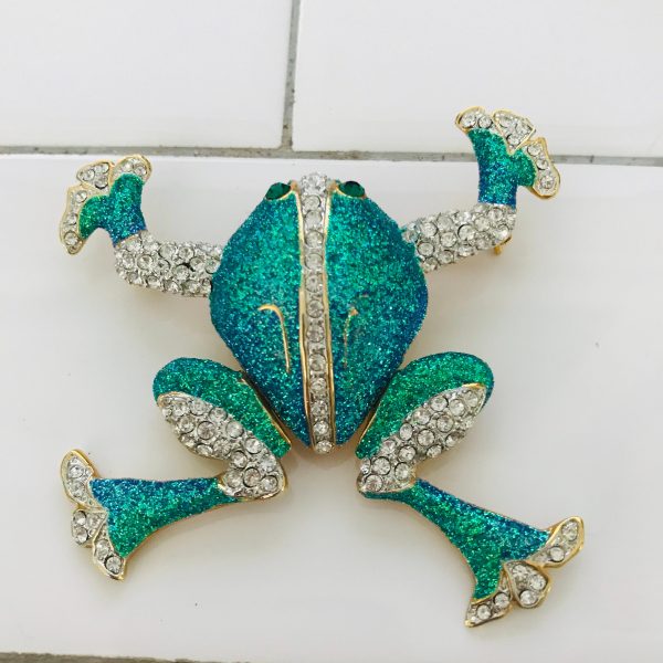 Dangle Legs Frog Fantastic Brooch Large Blue green glitter with heavy rhinestones emerald green eyes and dangle legs