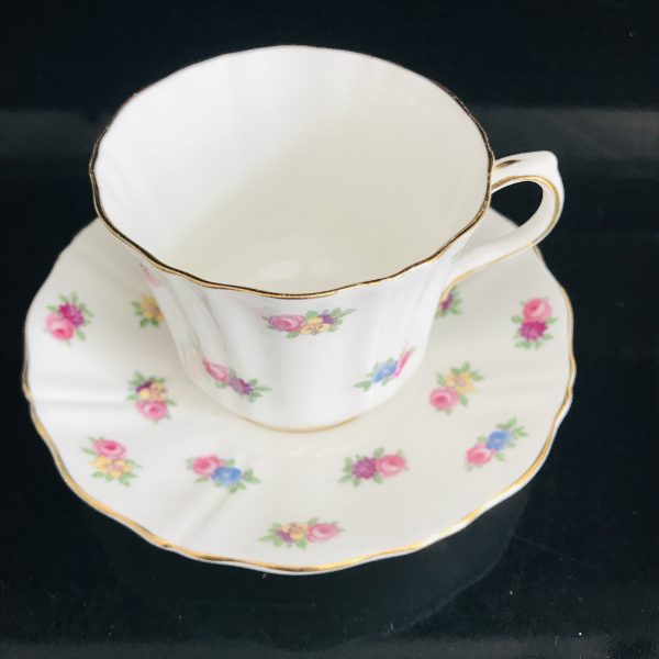 Old Royal Tea cup and saucer England Fine bone china cabbage rose chintz pattern pink blue yellow purple farmhouse collectible display