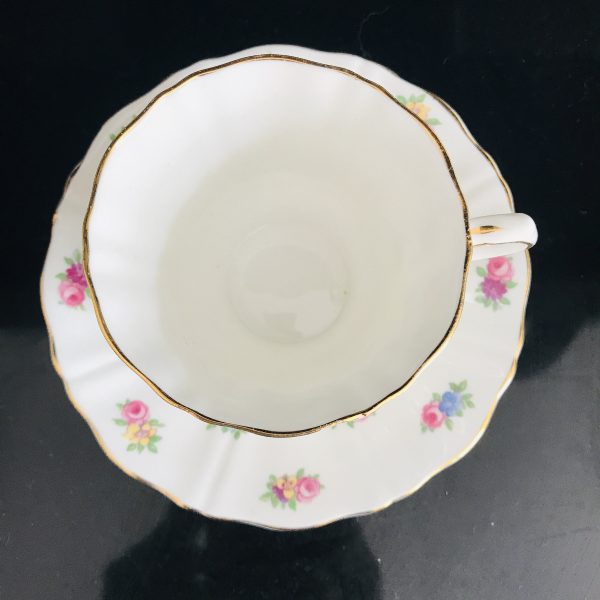 Old Royal Tea cup and saucer England Fine bone china cabbage rose chintz pattern pink blue yellow purple farmhouse collectible display