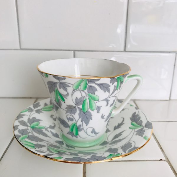 Royal Grafton Tea cup and saucer England Fine bone china Ashley Light green Chintz flowers gray leaves farmhouse collectible display coffee