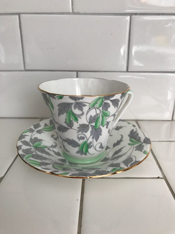 Royal Grafton Tea cup and saucer England Fine bone china Ashley Light green Chintz flowers gray leaves farmhouse collectible display coffee