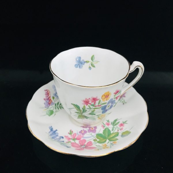 Royal Standard Tea cup and saucer England Fine bone china Blue bells pink yellow flowers Country lane farmhouse collectible display serving