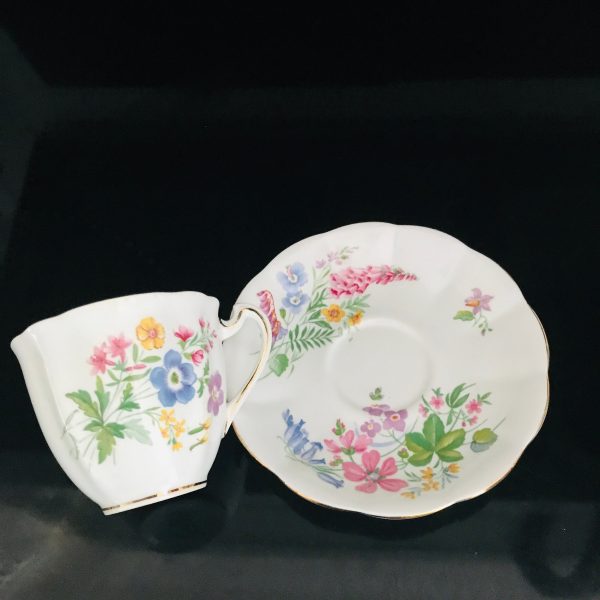Royal Standard Tea cup and saucer England Fine bone china Blue bells pink yellow flowers Country lane farmhouse collectible display serving