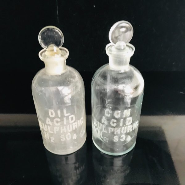 Vintage Apothecary Medical bottles glass with ground glass stoppers raised print fronts DIL Acid Sulphuric H2 SO4 CON Acid Sulphuric H2 SO 4