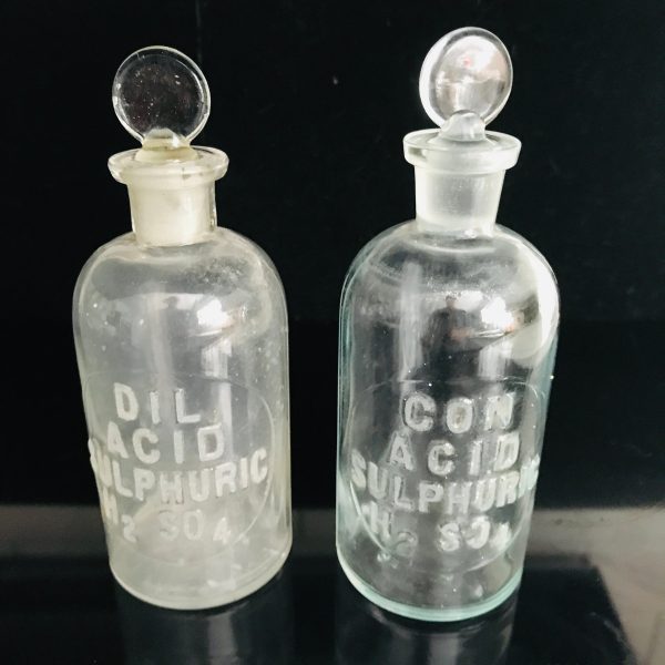 Vintage Apothecary Medical bottles glass with ground glass stoppers raised print fronts DIL Acid Sulphuric H2 SO4 CON Acid Sulphuric H2 SO 4