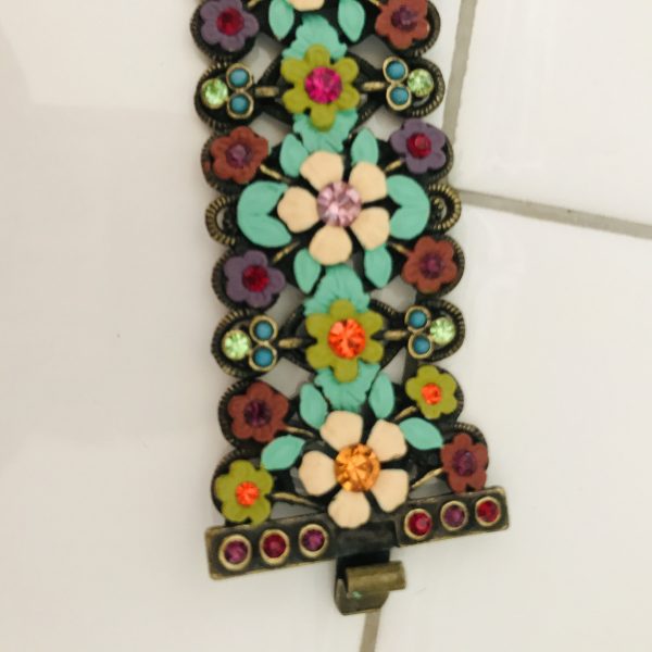 Vintage Bracelet bronze with enameled flowers and heavy bright rhinestones slide clasp Boho Hippy