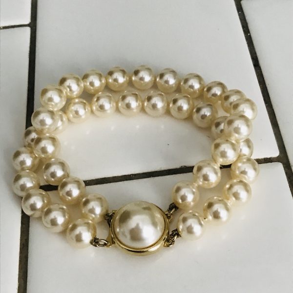 Vintage Bracelet Faux Pearl gold clasp with large center faux pearl double strand heavy weight beautiful luster
