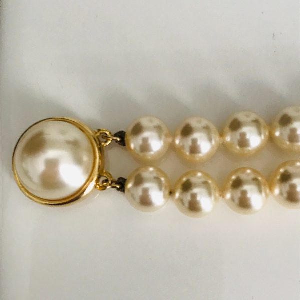 Vintage Bracelet Faux Pearl gold clasp with large center faux pearl double strand heavy weight beautiful luster