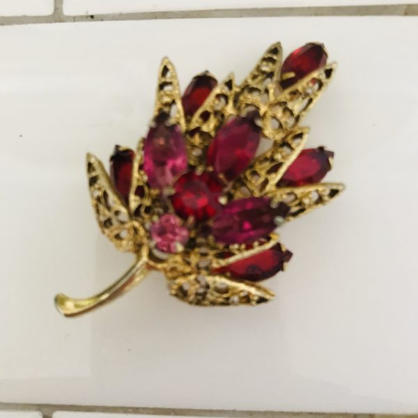 Vintage Brooch Gold tone with various shade of Pink rhinestones Floral bouquet
