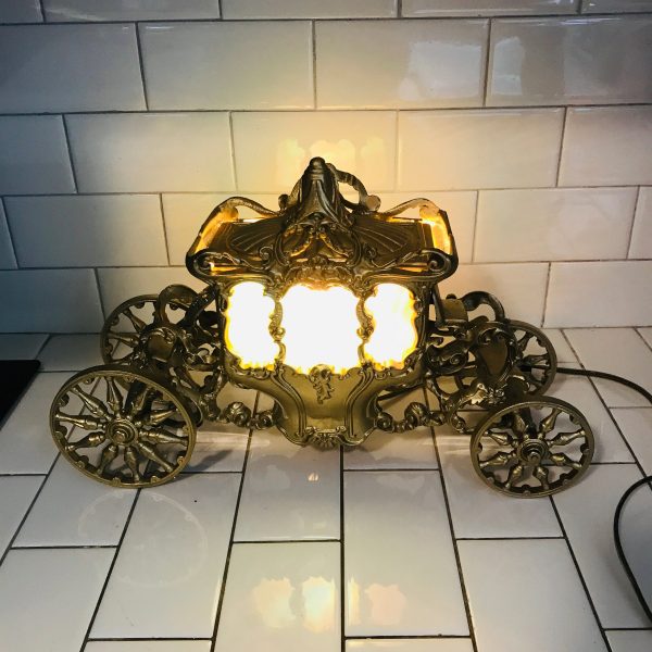 Vintage cast iron golden carriage Cinderella night light with slag glass windows colorful lamp working