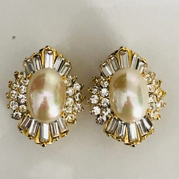 Vintage Clip Earrings Stunning large oval faux pearl centers with round and baguette crystals fine quality great design