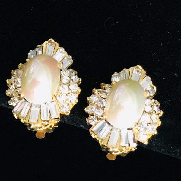 Vintage Clip Earrings Stunning large oval faux pearl centers with round and baguette crystals fine quality great design