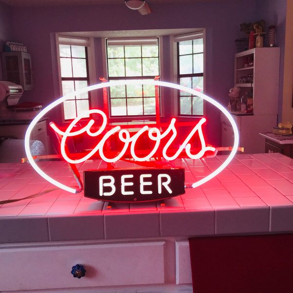 Vintage Coors Neon Beer Sign 3 colors 24" across 14 1/2" tall Pink/orange Coors White Ring green Beer 1980 window sign light bar man cave