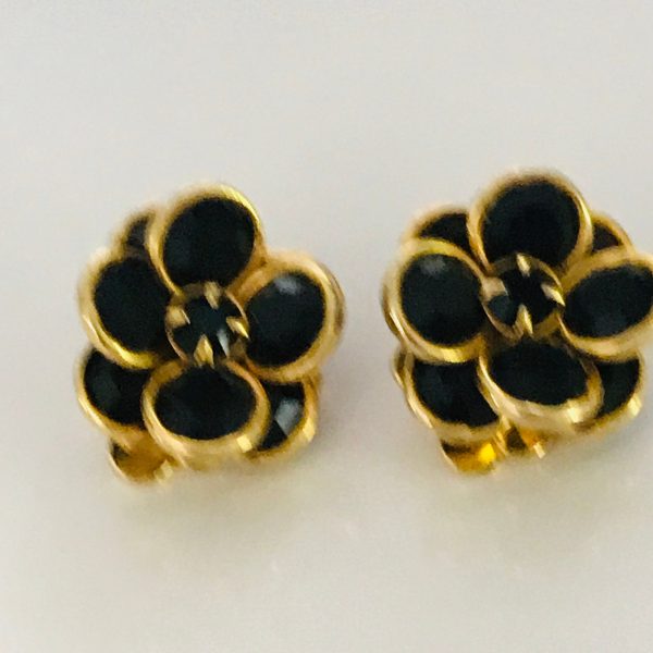 Vintage Earrings gold tone with black crystals dainty floral design clip elegant earrings wedding special event