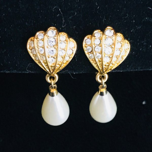 Vintage Earrings gold tone with crystals dangle faux pearl Napier screw back & clip elegant earrings wedding special event