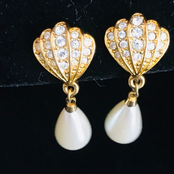 Vintage Earrings gold tone with crystals dangle faux pearl Napier screw back & clip elegant earrings wedding special event